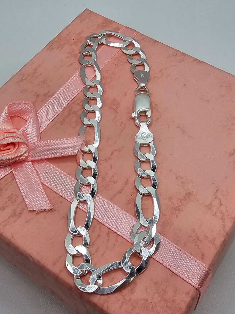 Sterling Silver 925 High Polished Super Flat Figaro Bracelet 6.8mm 8 inches